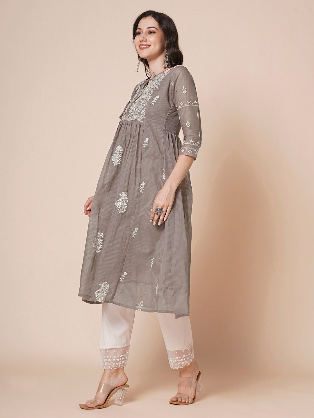 RATAN Women's Muga Cotton Flared Lucknowi Chikankari Ethnic Wear Kurta