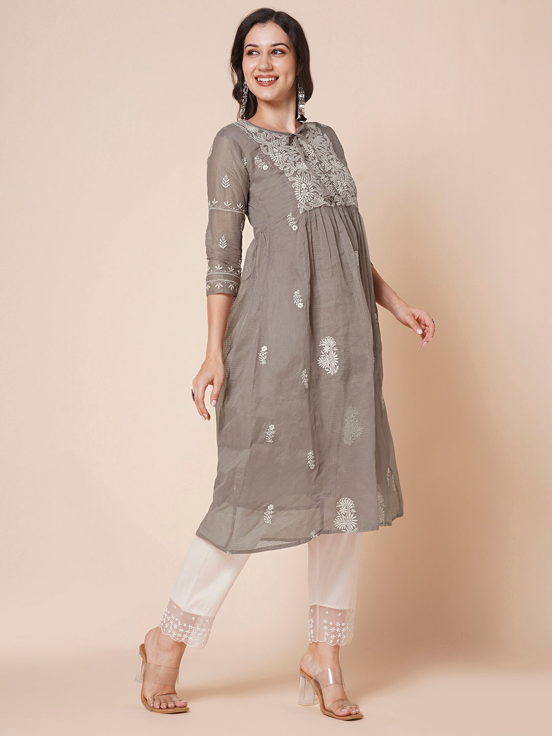 RATAN Women's Muga Cotton Flared Lucknowi Chikankari Ethnic Wear Kurta