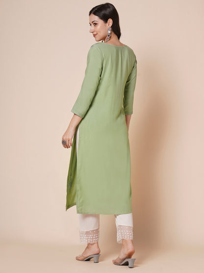 RATAN Women's Rayon Straight Lucknowi Chikankari Ethnic Wear Kurta