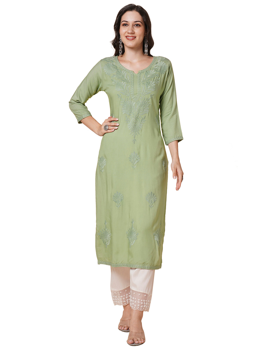 RATAN Women's Rayon Straight Lucknowi Chikankari Ethnic Wear Kurta