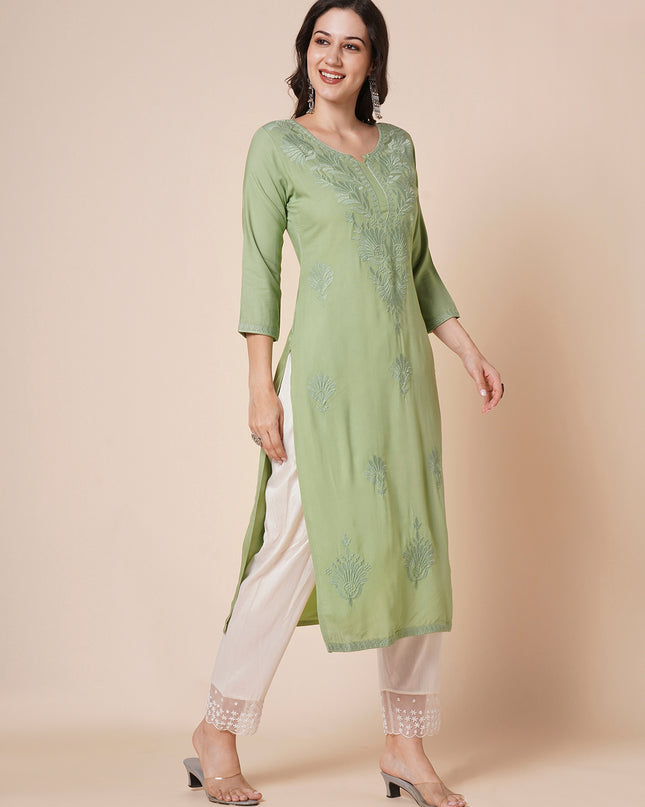 Rayon Straight Lucknowi Chikankari Ethnic Wear Kurta