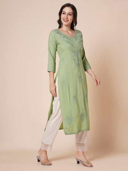 RATAN Women's Rayon Straight Lucknowi Chikankari Ethnic Wear Kurta