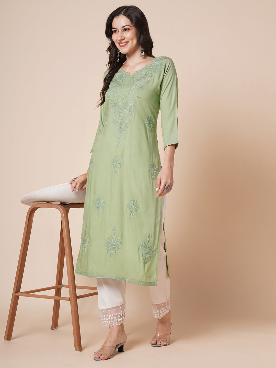 RATAN Women's Rayon Straight Lucknowi Chikankari Ethnic Wear Kurta