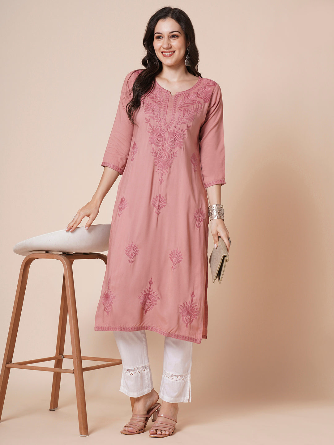 RATAN Women's Rayon Straight Lucknowi Chikankari Ethnic Wear Kurta