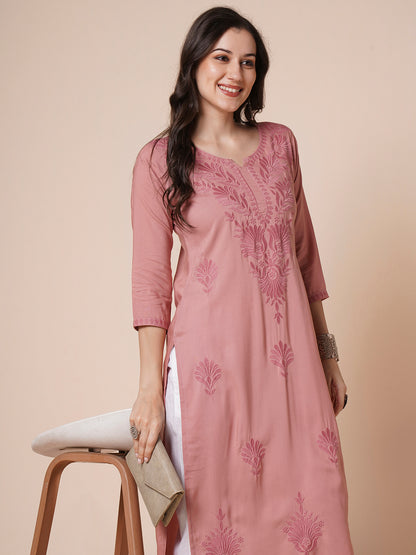 RATAN Women's Rayon Straight Lucknowi Chikankari Ethnic Wear Kurta