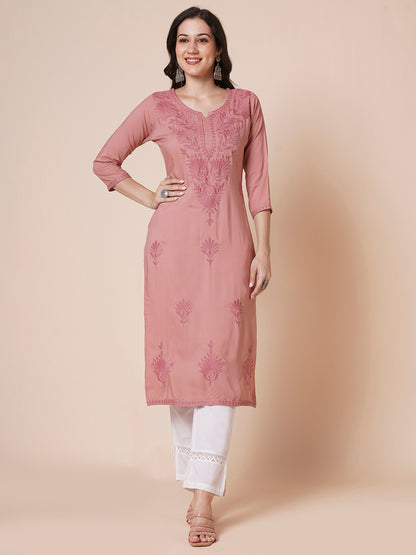 RATAN Women's Rayon Straight Lucknowi Chikankari Ethnic Wear Kurta