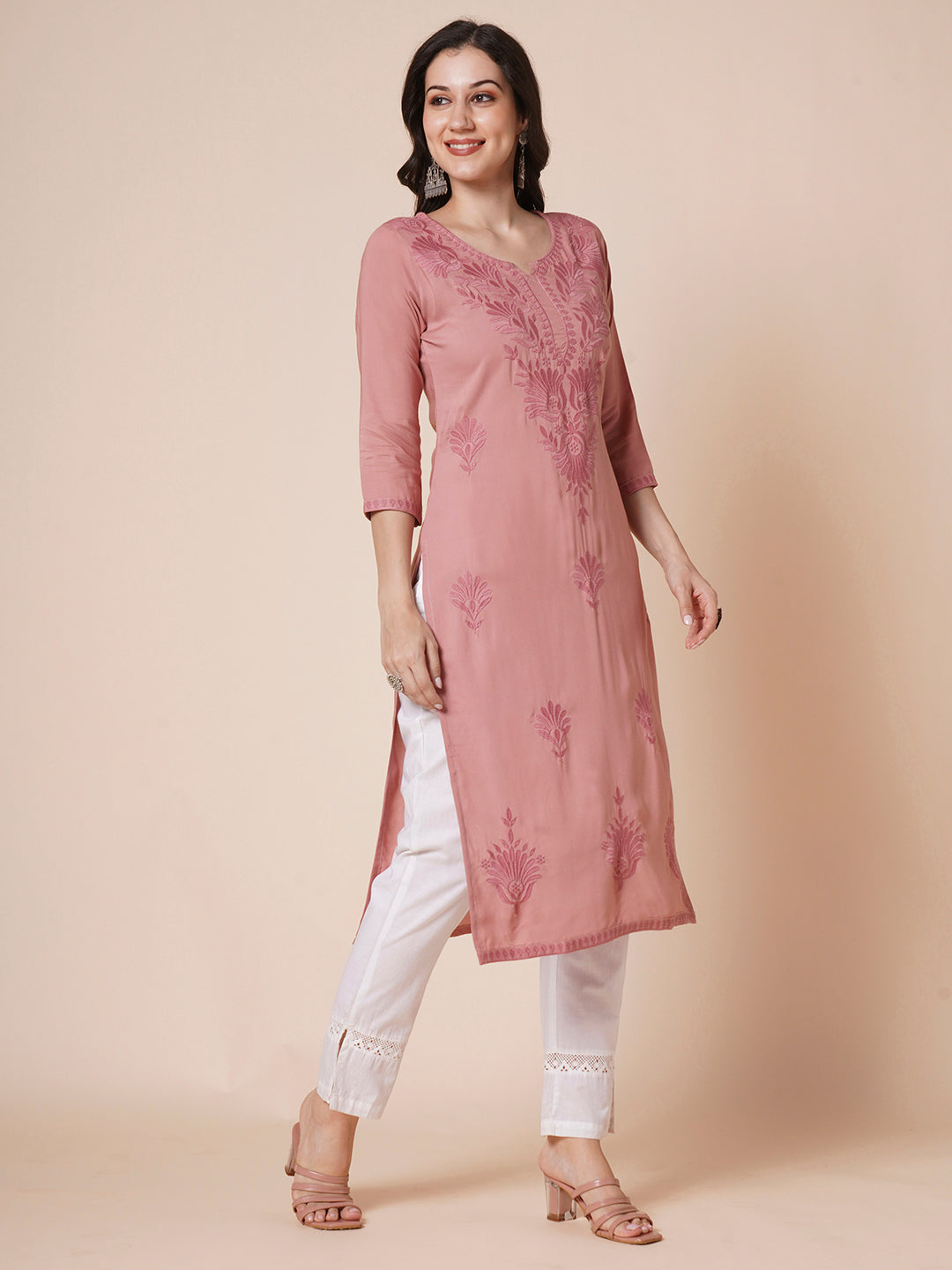 RATAN Women's Rayon Straight Lucknowi Chikankari Ethnic Wear Kurta