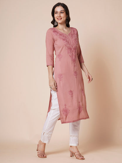 RATAN Women's Rayon Straight Lucknowi Chikankari Ethnic Wear Kurta