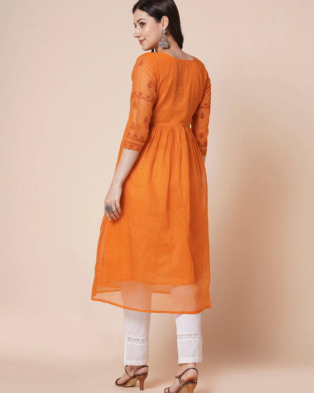 Cotton Flared Lucknowi Chikankari Ethnic Wear Kurta
