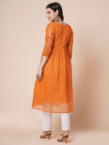 RATAN Women's Muga Cotton Flared Lucknowi Chikankari Ethnic Wear Kurta