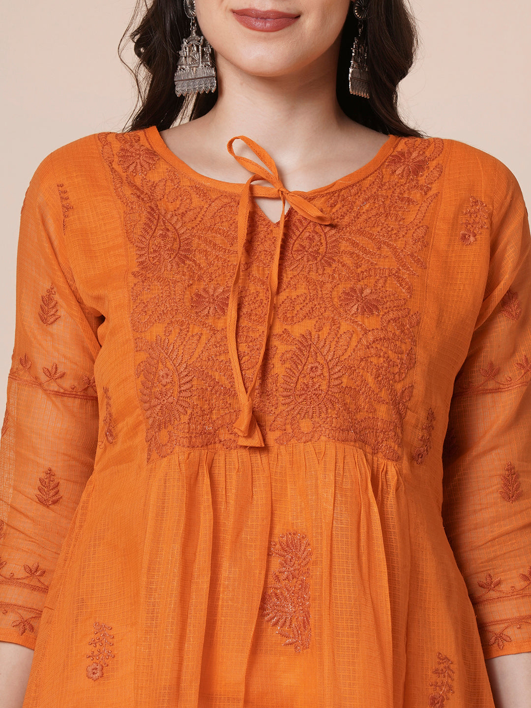 RATAN Women's Muga Cotton Flared Lucknowi Chikankari Ethnic Wear Kurta