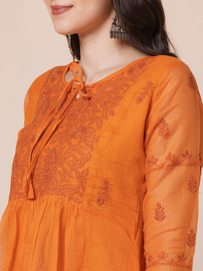 RATAN Women's Muga Cotton Flared Lucknowi Chikankari Ethnic Wear Kurta