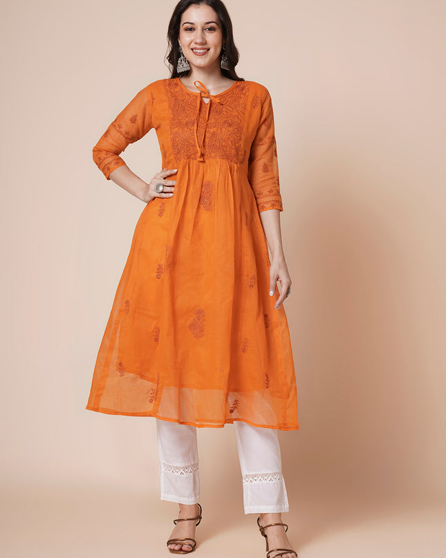Cotton Flared Lucknowi Chikankari Ethnic Wear Kurta