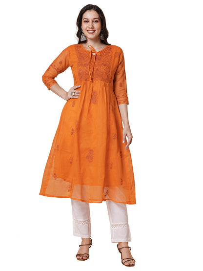 RATAN Women's Muga Cotton Flared Lucknowi Chikankari Ethnic Wear Kurta