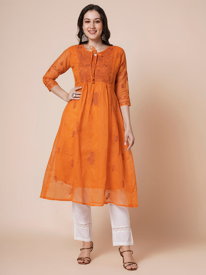 RATAN Women's Muga Cotton Flared Lucknowi Chikankari Ethnic Wear Kurta