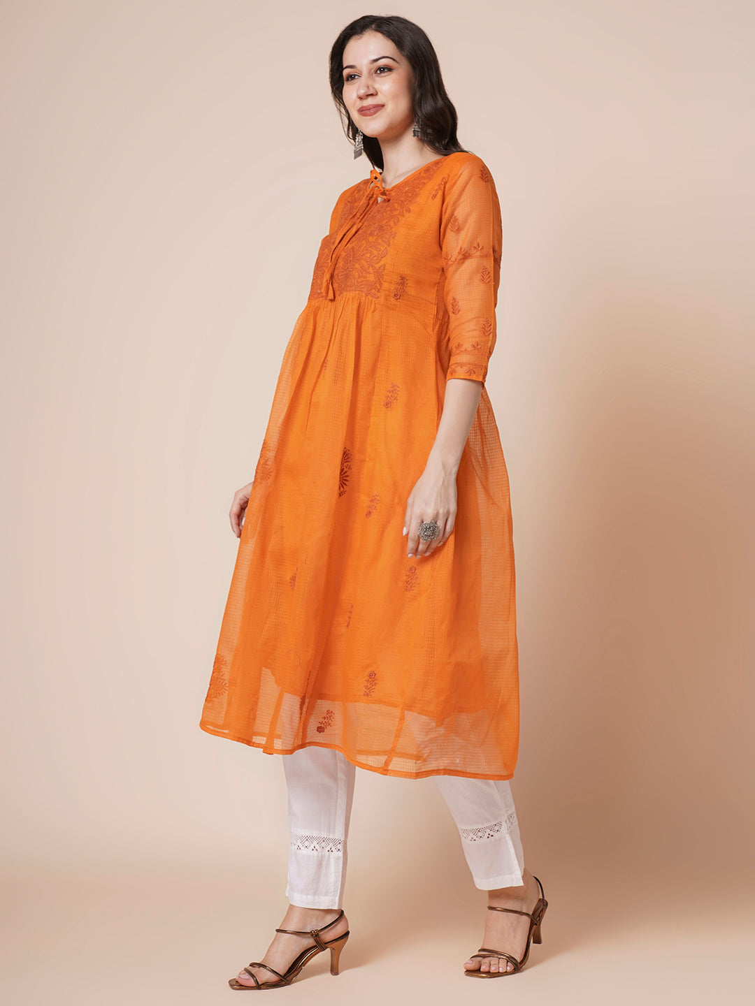 RATAN Women's Muga Cotton Flared Lucknowi Chikankari Ethnic Wear Kurta