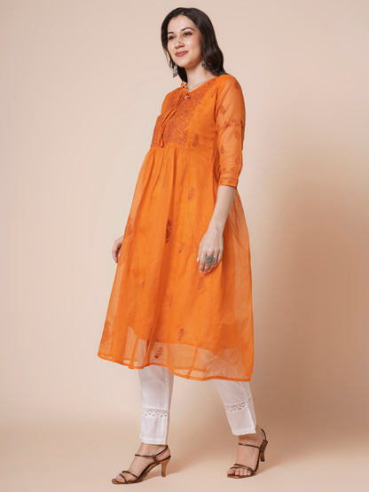 RATAN Women's Muga Cotton Flared Lucknowi Chikankari Ethnic Wear Kurta