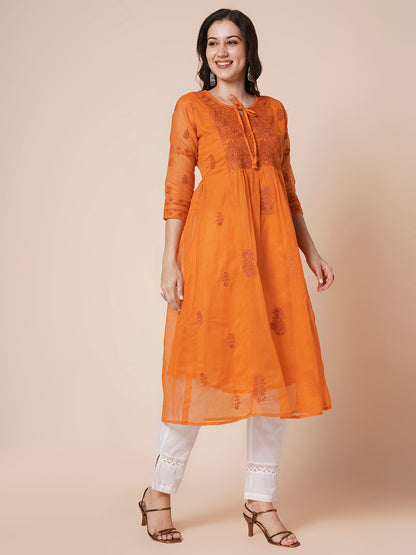 RATAN Women's Muga Cotton Flared Lucknowi Chikankari Ethnic Wear Kurta