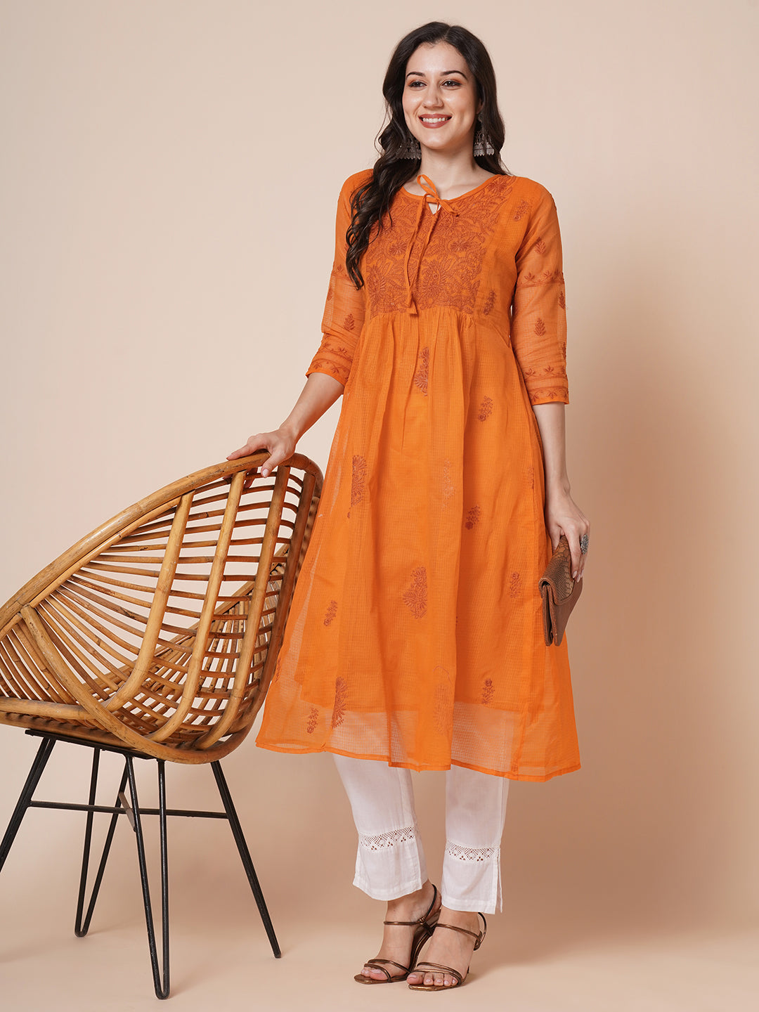 RATAN Women's Muga Cotton Flared Lucknowi Chikankari Ethnic Wear Kurta