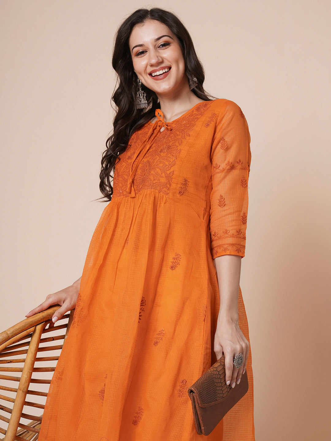 RATAN Women's Muga Cotton Flared Lucknowi Chikankari Ethnic Wear Kurta