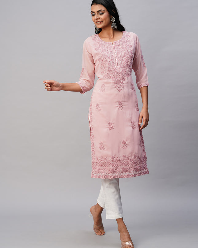 Georgette Straight Lucknowi Chikankari Ethinic Wear Kurta