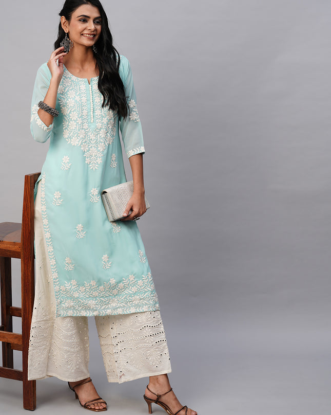 Georgette Straight Lucknowi Chikankari Ethinic Wear Kurta