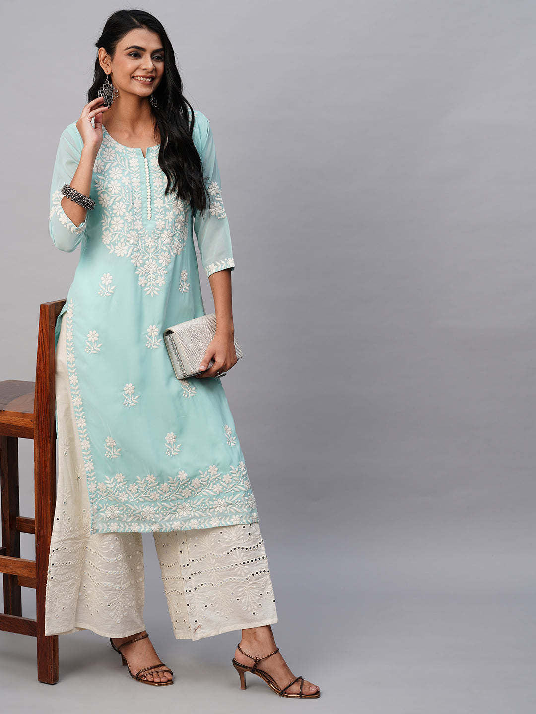 Georgette Straight Lucknowi Chikankari Ethinic Wear Kurta