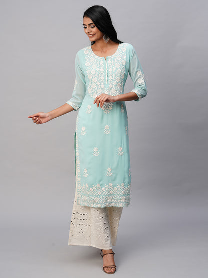 RATAN Women's Georgette Straight Lucknowi Chikankari Ethnic Wear Kurta