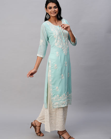 Georgette Straight Lucknowi Chikankari Ethinic Wear Kurta