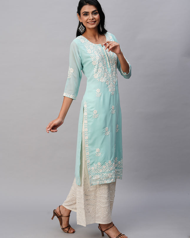 Georgette Straight Lucknowi Chikankari Ethinic Wear Kurta
