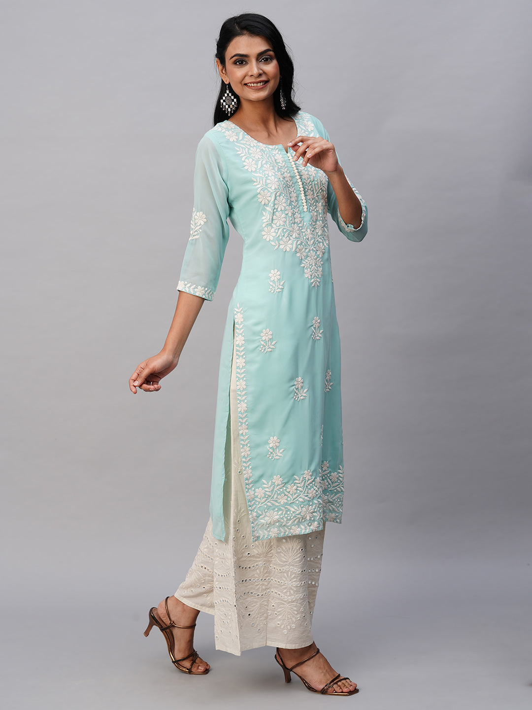 RATAN Women's Georgette Straight Lucknowi Chikankari Ethnic Wear Kurta