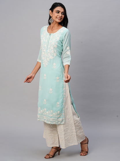 RATAN Women's Georgette Straight Lucknowi Chikankari Ethnic Wear Kurta