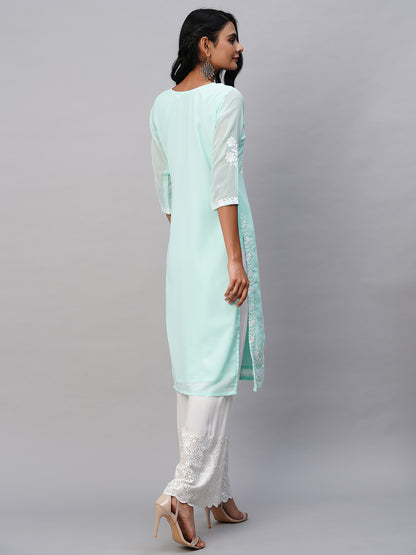 RATAN Women's Georgette Straight Lucknowi Chikankari Ethnic Wear Kurta