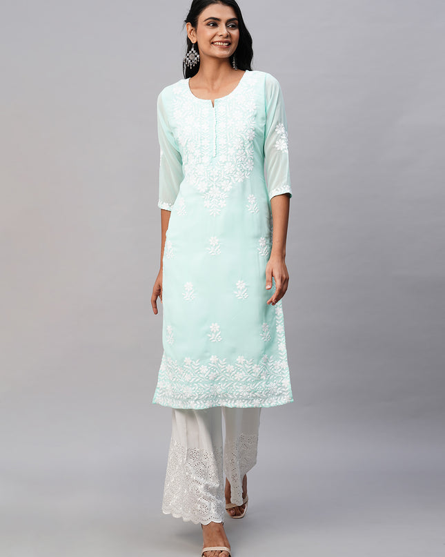 Georgette Straight Lucknowi Chikankari Ethinic Wear Kurta