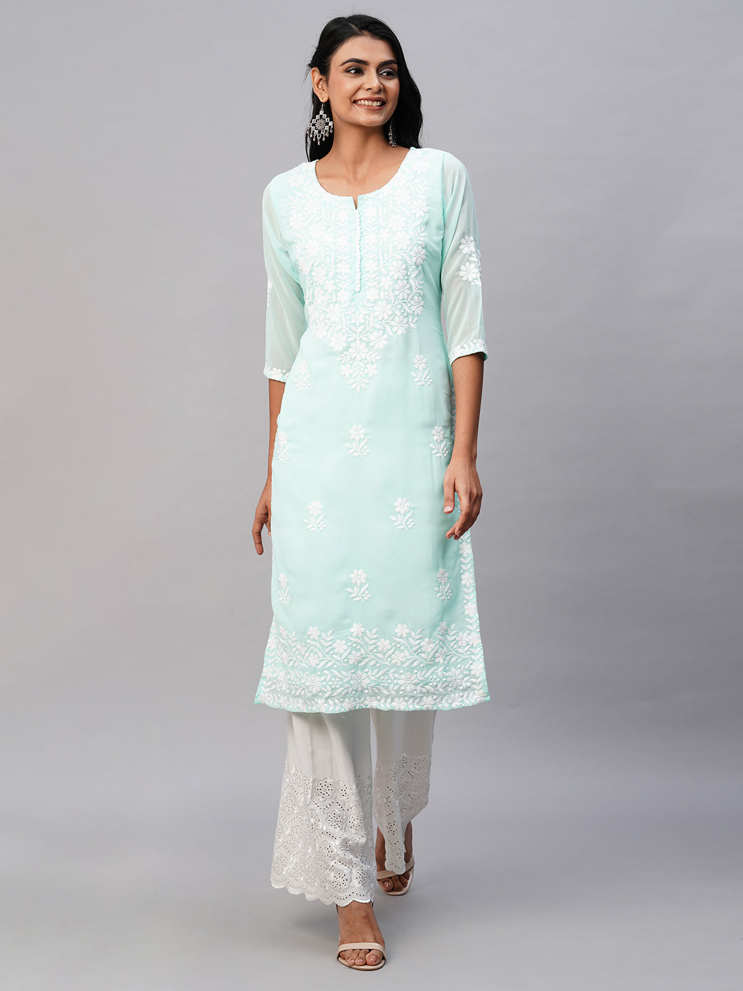 Georgette Straight Lucknowi Chikankari Ethinic Wear Kurta