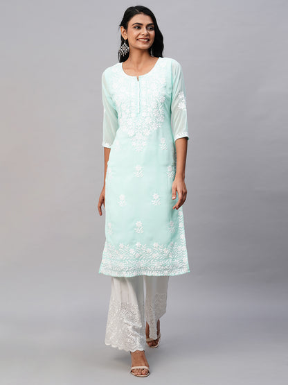 RATAN Women's Georgette Straight Lucknowi Chikankari Ethnic Wear Kurta