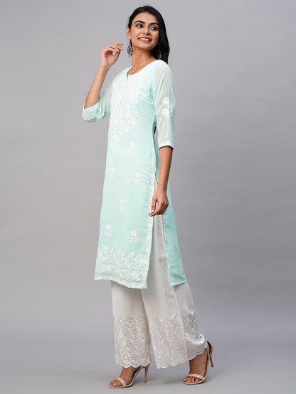 RATAN Women's Georgette Straight Lucknowi Chikankari Ethnic Wear Kurta