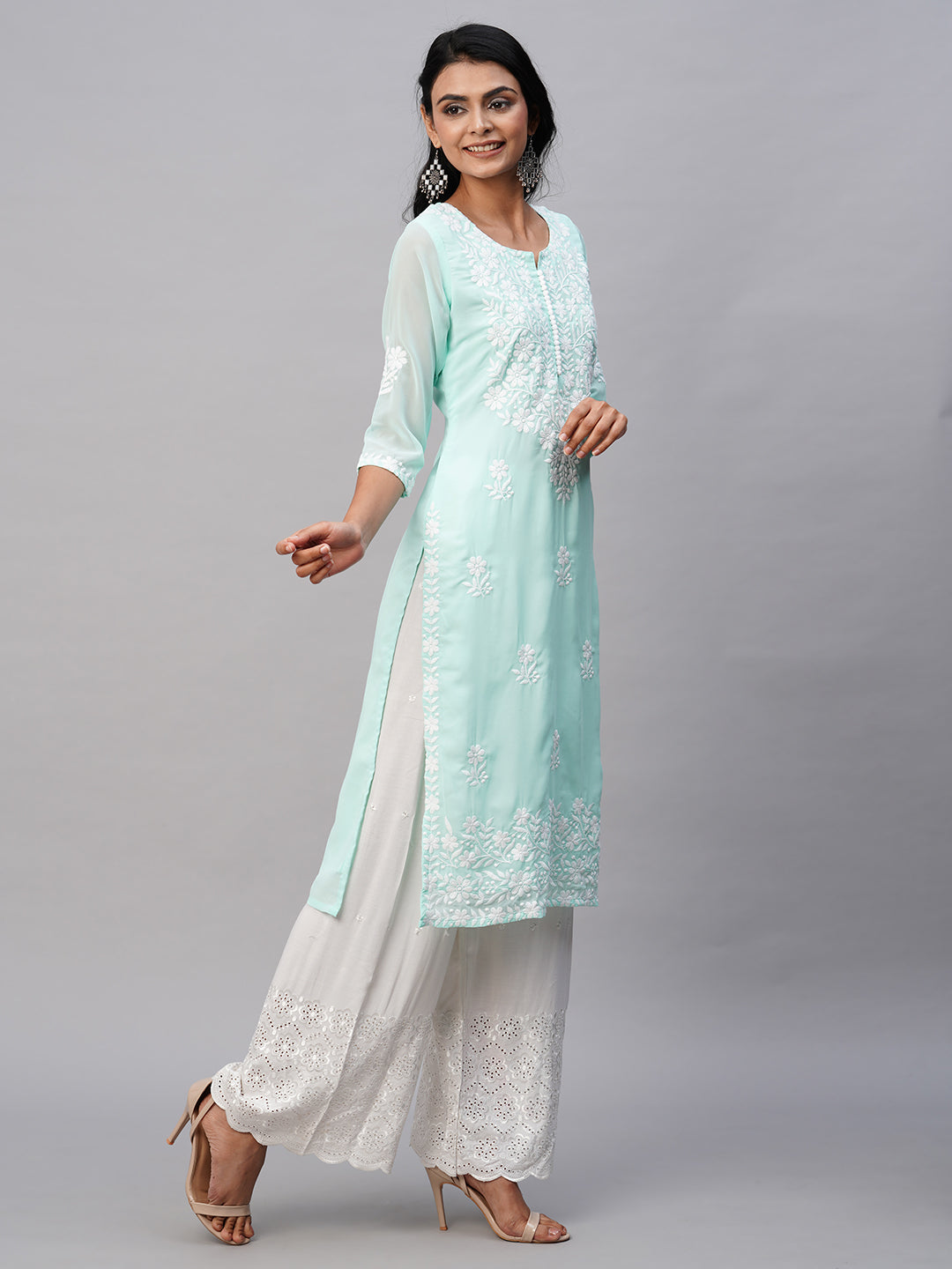 RATAN Women's Georgette Straight Lucknowi Chikankari Ethnic Wear Kurta