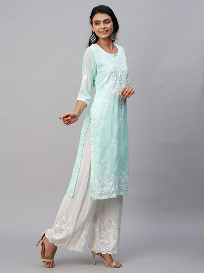 RATAN Women's Georgette Straight Lucknowi Chikankari Ethnic Wear Kurta