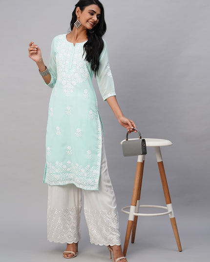 Georgette Straight Lucknowi Chikankari Ethinic Wear Kurta