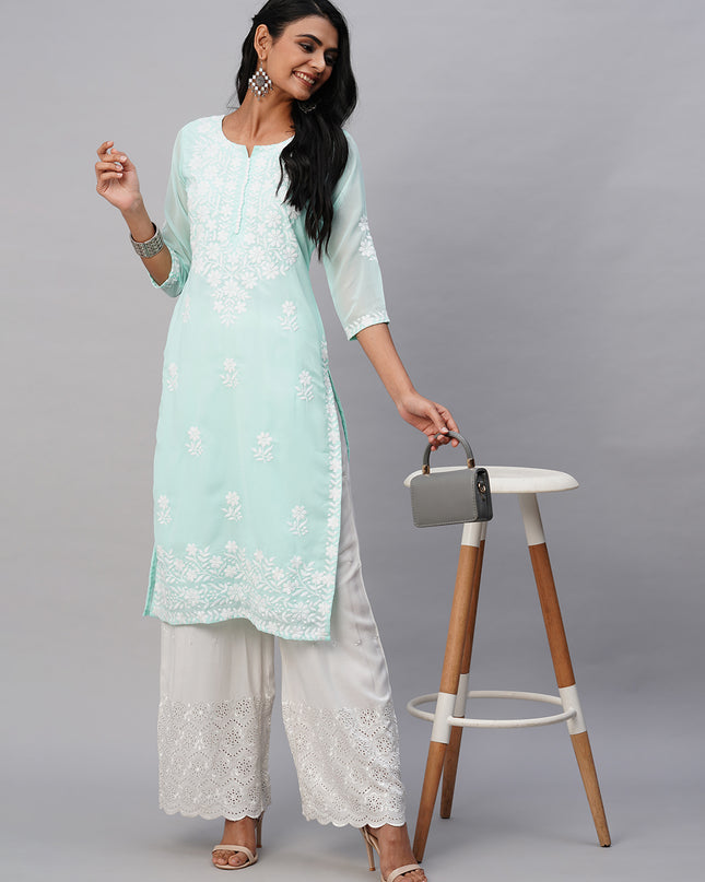 Georgette Straight Lucknowi Chikankari Ethinic Wear Kurta
