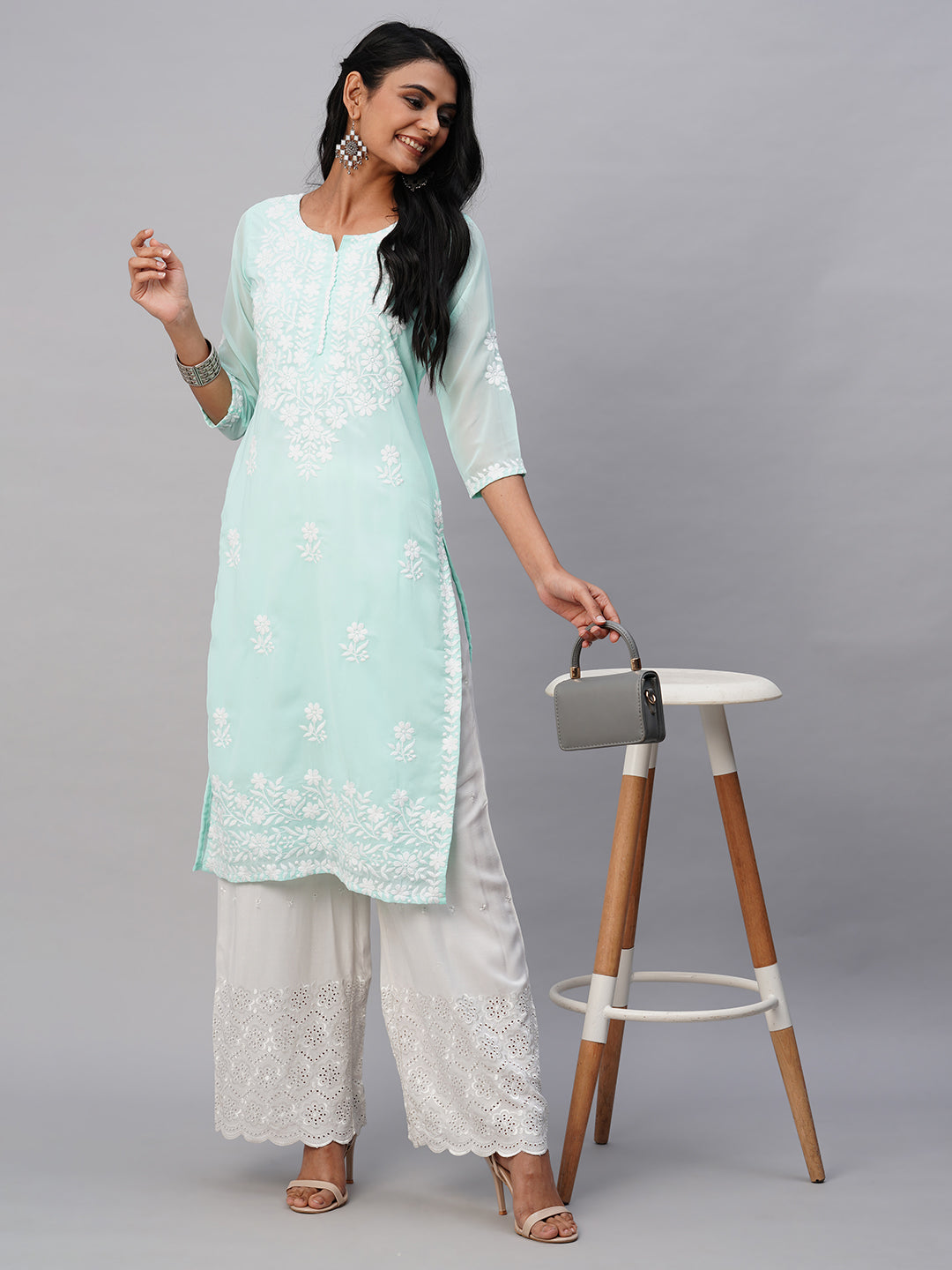 Georgette Straight Lucknowi Chikankari Ethinic Wear Kurta