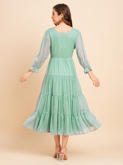 Floral Embroidered Puff Sleeve Chiffon Flared Tiered Kurta Gown Maxi Dress