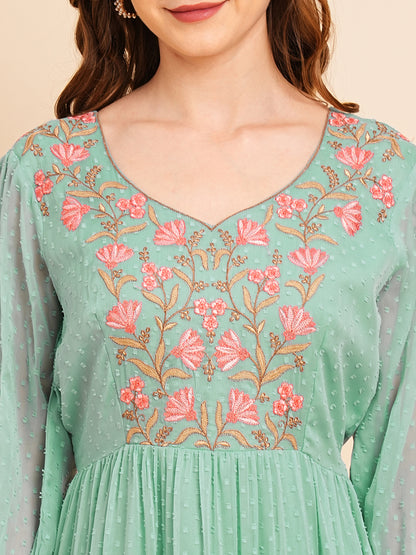 Floral Embroidered Puff Sleeve Chiffon Flared Tiered Kurta Gown Maxi Dress