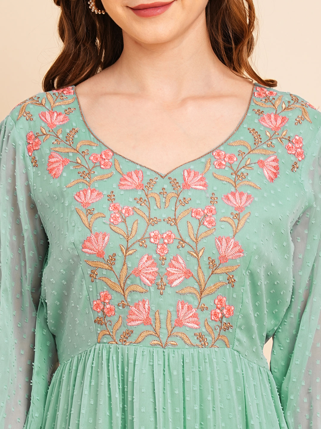 RATAN Women's Floral Embroidered Puff Sleeve Chiffon Flared Tiered Kurta Gown Maxi Dress