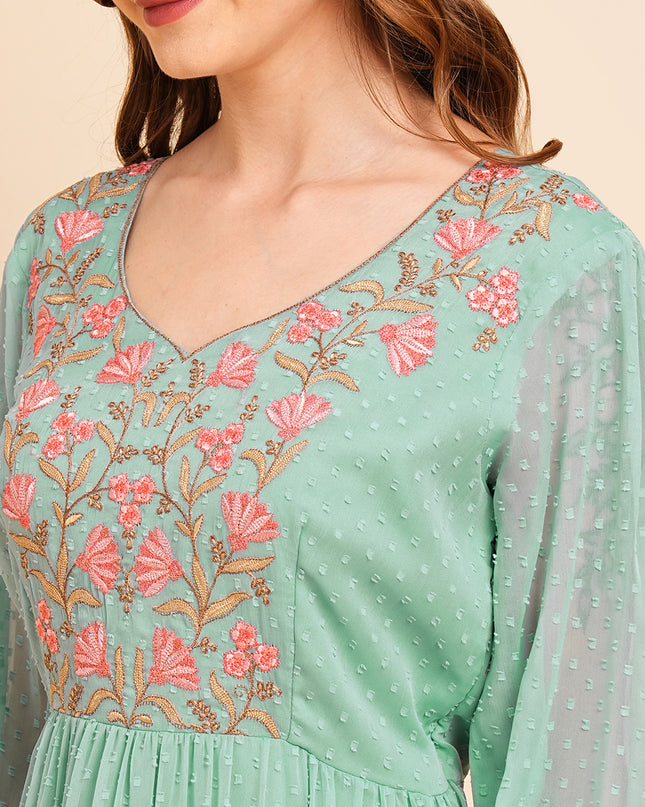 Floral Embroidered Puff Sleeve Chiffon Flared Tiered Kurta Gown Maxi Dress