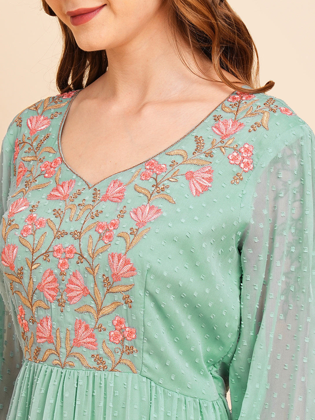 Floral Embroidered Puff Sleeve Chiffon Flared Tiered Kurta Gown Maxi Dress