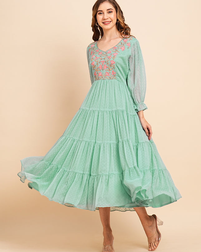 Floral Embroidered Puff Sleeve Chiffon Flared Tiered Kurta Gown Maxi Dress