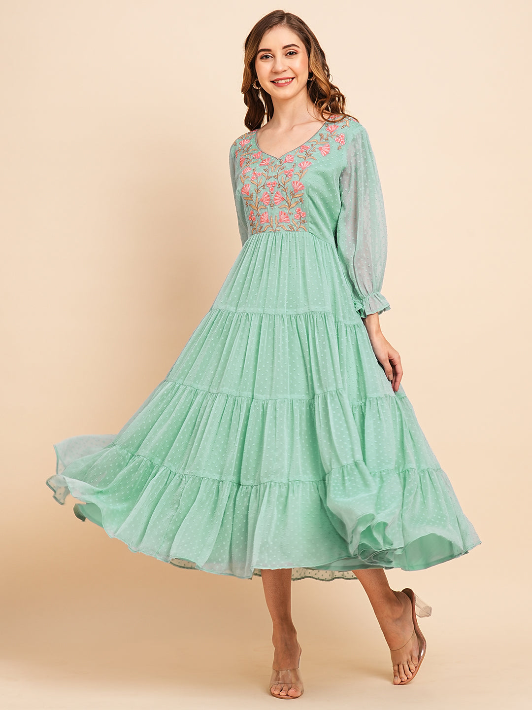 RATAN Women's Floral Embroidered Puff Sleeve Chiffon Flared Tiered Kurta Gown Maxi Dress