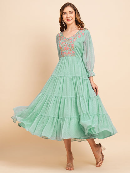 RATAN Women's Floral Embroidered Puff Sleeve Chiffon Flared Tiered Kurta Gown Maxi Dress